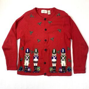Vintage Christmas Sweater Cardigan Size Small Red Nutcrackers Beaded